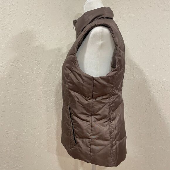 ~~ Lands End Down/Feathers Puffer Vest Sm Womens Zip Up Dark Brown Snap Pockets~ - Picture 2 of 16